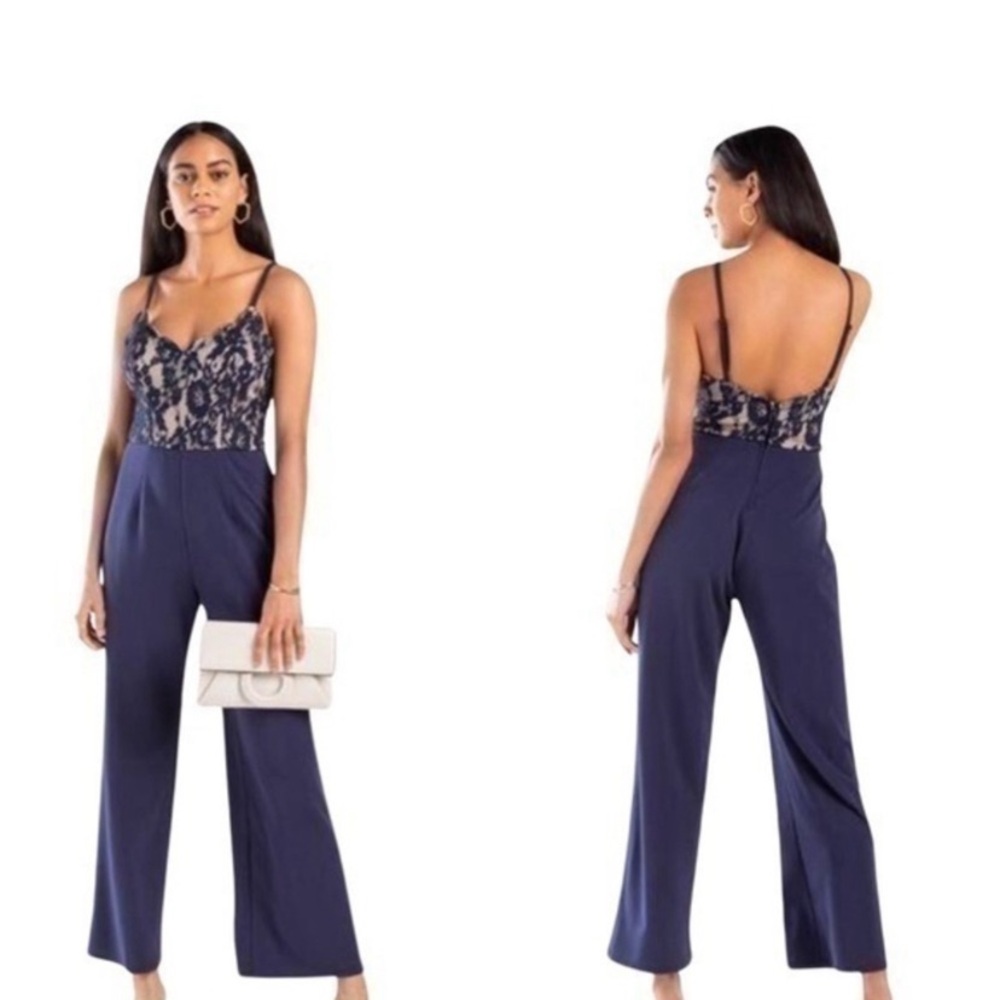 Navy Blue Wide-Leg Jumpsuit with Lace Bodice